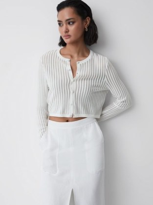 REISS PIP STRIPED LONG SLEEVE CROPPED TOP IVORY – long sleeve semi sheer tops - flipped