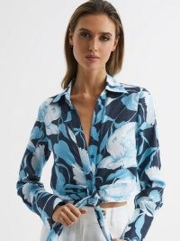 Reiss DAHLIA PRINT LINEN CROPPED TIE FRONT BLOUSE NAVY/BLUE – long sleeve collared blouses – women’s tonal blue floral print tops