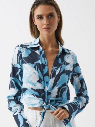 Reiss DAHLIA PRINT LINEN CROPPED TIE FRONT BLOUSE NAVY/BLUE – long sleeve collared blouses – women’s tonal blue floral print tops - flipped