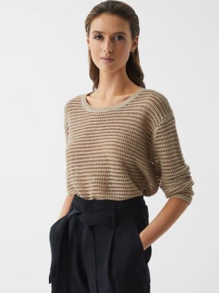 Reiss AVRIL OPEN STITCH CREW NECK JUMPER NEUTRAL | women’s boxy relaxed fit jumpers | drop shoulder sweaters - flipped