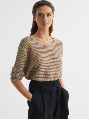 Reiss AVRIL OPEN STITCH CREW NECK JUMPER NEUTRAL | women’s boxy relaxed fit jumpers | drop shoulder sweaters