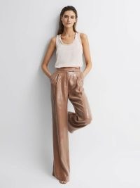 REISS LIZZIE SEQUIN WIDE LEG TROUSERS NUDE / women’s sequinned occasion clothes / shimmering evening fashion / womens glittering party clothing