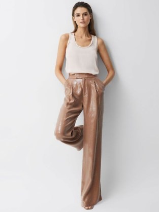 REISS LIZZIE SEQUIN WIDE LEG TROUSERS NUDE / women’s sequinned occasion clothes / shimmering evening fashion / womens glittering party clothing - flipped