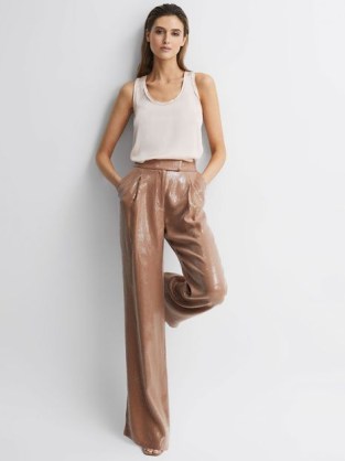 REISS LIZZIE SEQUIN WIDE LEG TROUSERS NUDE / women’s sequinned occasion clothes / shimmering evening fashion / womens glittering party clothing