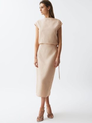 Reiss PALOMA LINEN BLEND OPEN-BACK MIDI DRESS NUDE / chic evening dresses / sophisticated occasion clothes - flipped