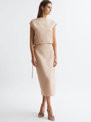Reiss PALOMA LINEN BLEND OPEN-BACK MIDI DRESS NUDE / chic evening dresses / sophisticated occasion clothes
