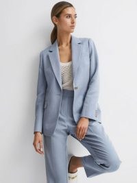 Reiss SHAE SINGLE BREASTED TAILORED BLAZER PALE BLUE – chic suit blazers – women’s smart longline jackets