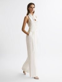 REISS CARMEN HALTER NECK LINEN BLEND JUMPSUIT WHITE ~ chic halterneck jumpsuits ~ women’s evening clothes ~ womens all-in-one occasion clothing