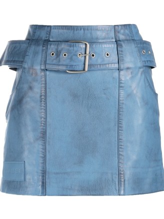 REMAIN belted leather miniskirt in sky blue ~ women’s retro style mini skirt ~ womens luxury vintage look skirts ~ luxe fashion - flipped