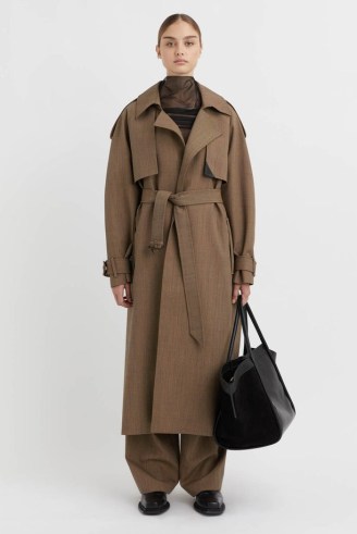CAMILLA AND MARC Ria Trench Coat in Camel Houndstooth | women’s brown longline belted coats | luxury outerwear - flipped