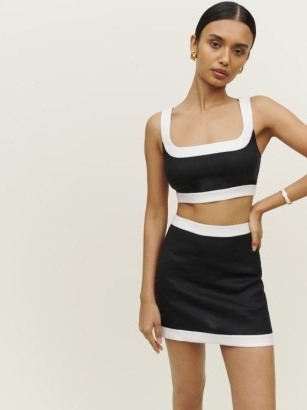 Reformation Robbie Linen Two Piece Black/White – mini skirt and crop top co ord – colour block fashion sets – monochrome co-ords – on-trend tops and skirts – contrast trim clothes - flipped