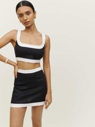Reformation Robbie Linen Two Piece Black/White – mini skirt and crop top co ord – colour block fashion sets – monochrome co-ords – on-trend tops and skirts – contrast trim clothes