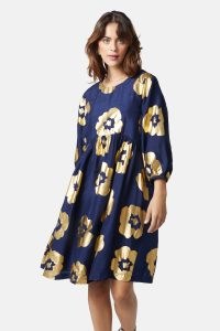 gorman Rose Float Dupion Dress / navy and gold metallic floral print dresses / women’s fashion with foil printed flowers / relaxed smock fit