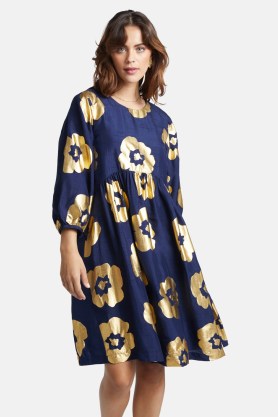 gorman Rose Float Dupion Dress / navy and gold metallic floral print dresses / women’s fashion with foil printed flowers / relaxed smock fit - flipped