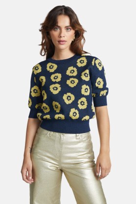 gorman Rose Float Knit Top / navy blue and gold lurex floral tops / women’s clothes with metallic thread - flipped