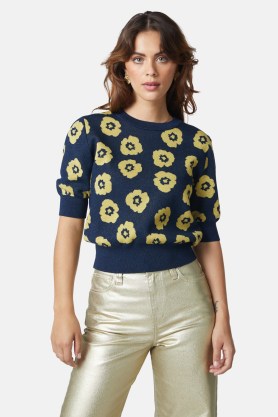 gorman Rose Float Knit Top / navy blue and gold lurex floral tops / women’s clothes with metallic thread