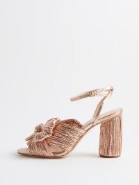 LOEFFLER RANDALL Camellia 90 pleated-lamé sandals in rose gold ~ metallic block heel bow front sandal ~ summer occasion shoes ~ women’s luxury footwear