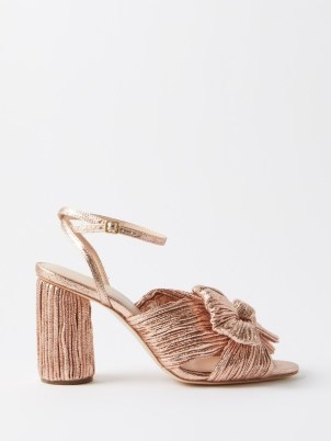 LOEFFLER RANDALL Camellia 90 pleated-lamé sandals in rose gold ~ metallic block heel bow front sandal ~ summer occasion shoes ~ women’s luxury footwear - flipped