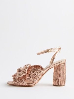 LOEFFLER RANDALL Camellia 90 pleated-lamé sandals in rose gold ~ metallic block heel bow front sandal ~ summer occasion shoes ~ women’s luxury footwear