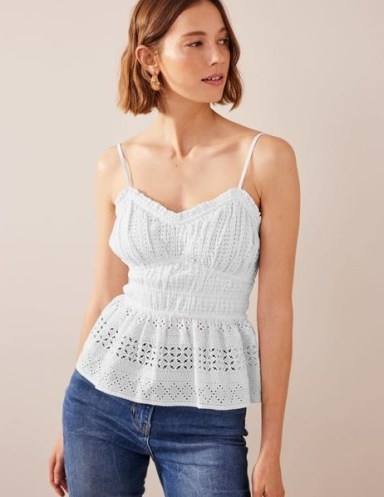BODEN Ruched Detail Cami Top in White – women’s strappy broderie anglaise tops – skinny shoulder strap summer clothes – feminine cotton fashion – cut out detail camisole