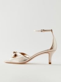 Reformation Sandra Bow Heeled Sandal in Gold ~ luxe metallic leather ankle strap sandals ~ womens luxury shoes