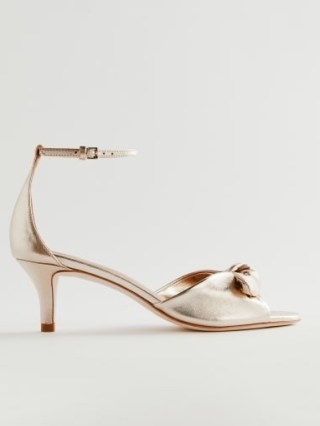 Reformation Sandra Bow Heeled Sandal in Gold ~ luxe metallic leather ankle strap sandals ~ womens luxury shoes - flipped