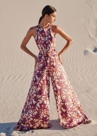 Me and Em Satin Graphic Tulip Print Jumpsuit + Belt in Cream/Purple/Orange – silky floral wide leg jumpsuits – luxe fashion – women’s luxury clothing