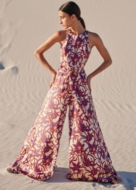 Me and Em Satin Graphic Tulip Print Jumpsuit + Belt in Cream/Purple/Orange – silky floral wide leg jumpsuits – luxe fashion – women’s luxury clothing - flipped