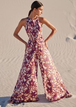 Me and Em Satin Graphic Tulip Print Jumpsuit + Belt in Cream/Purple/Orange – silky floral wide leg jumpsuits – luxe fashion – women’s luxury clothing
