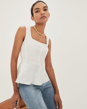 VERONICA BEARD BASSO PEPLUM TOP WHITE | sleeveless shoulder strap summer tops | fitted bodice with flared hem | square neckline | women’s clothes - flipped