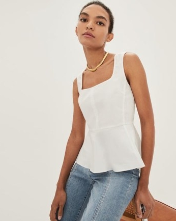 VERONICA BEARD BASSO PEPLUM TOP WHITE | sleeveless shoulder strap summer tops | fitted bodice with flared hem | square neckline | women’s clothes