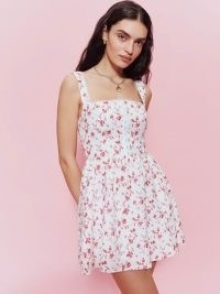 Reformation Sheri Linen Dress in Rosalie | white floral print corset bodice dresses | sleeveless fit and flare | scalloped lace neckline