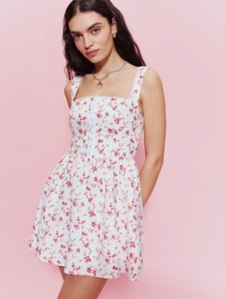 Reformation Sheri Linen Dress in Rosalie | white floral print corset bodice dresses | sleeveless fit and flare | scalloped lace neckline - flipped