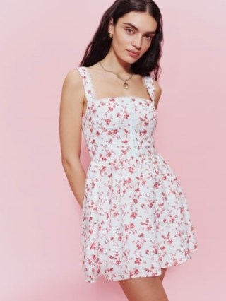 Reformation Sheri Linen Dress in Rosalie | white floral print corset bodice dresses | sleeveless fit and flare | scalloped lace neckline