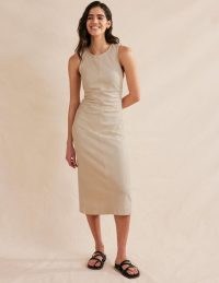 Boden Side Ruched Column Midi Dress in Ecru Denim – sleeveless gathered detail dresses ~ women’s day fashion