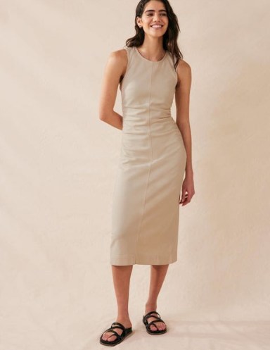 Boden Side Ruched Column Midi Dress in Ecru Denim – sleeveless gathered detail dresses ~ women’s day fashion - flipped