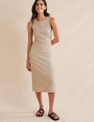 Boden Side Ruched Column Midi Dress in Ecru Denim – sleeveless gathered detail dresses ~ women’s day fashion