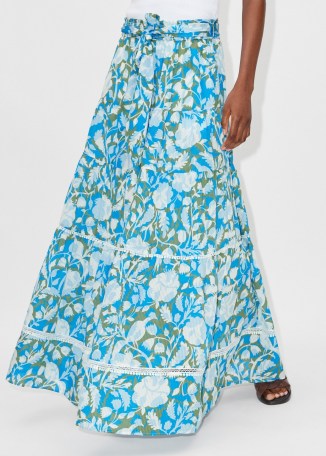 ME and EM Silk-Blend Shadow Bloom Print Maxi Skirt + Belt in Light Cream/Fresh Morning Blue/Light Khaki / luxury long length floral skirts / silky summer clothes / luxe fashion - flipped