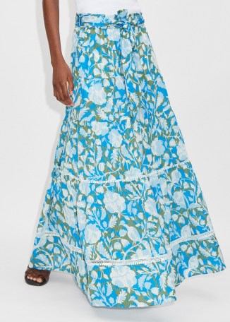ME and EM Silk-Blend Shadow Bloom Print Maxi Skirt + Belt in Light Cream/Fresh Morning Blue/Light Khaki / luxury long length floral skirts / silky summer clothes / luxe fashion