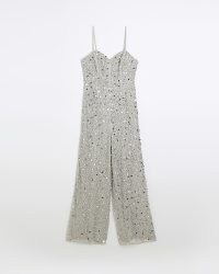 RIVER ISLAND SILVER EMBELLISHED SEQUIN JUMPSUIT ~ women’s strappy sequinned wide leg jumpsuits ~ glittering party fashion ~ skinny shoulder strap evening clothes