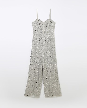 RIVER ISLAND SILVER EMBELLISHED SEQUIN JUMPSUIT ~ women’s strappy sequinned wide leg jumpsuits ~ glittering party fashion ~ skinny shoulder strap evening clothes - flipped