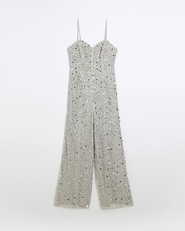 RIVER ISLAND SILVER EMBELLISHED SEQUIN JUMPSUIT ~ women’s strappy sequinned wide leg jumpsuits ~ glittering party fashion ~ skinny shoulder strap evening clothes