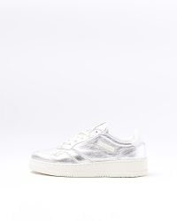 River Island SILVER METALLIC LACE UP TRAINERS | sports luxe footwear | women’s high shine sneakers