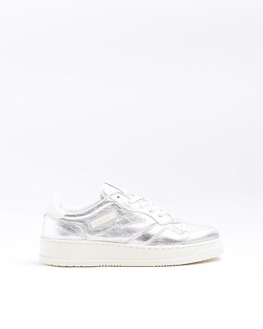 River Island SILVER METALLIC LACE UP TRAINERS | sports luxe footwear | women’s high shine sneakers - flipped