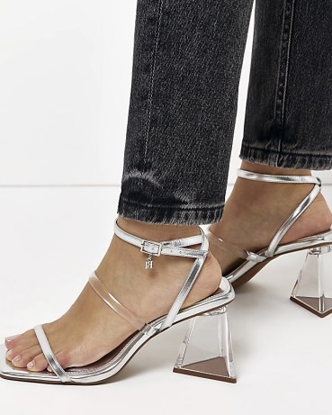 RIVER ISLAND SILVER PERSPEX HEELED SANDALS – womens clear block heels – metallic strappy sandal - flipped