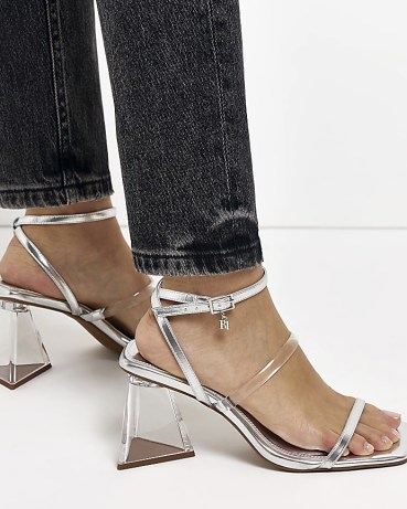 RIVER ISLAND SILVER PERSPEX HEELED SANDALS – womens clear block heels – metallic strappy sandal