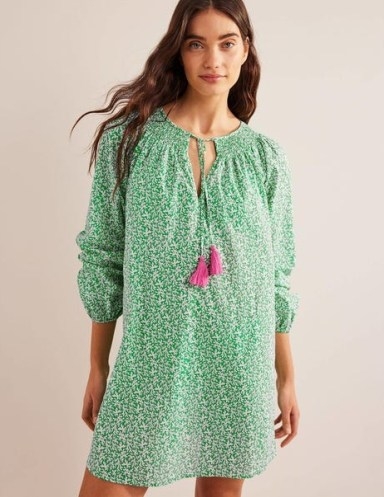 Boden Smocked Neck Beach Kaftan in Bright Green, Abstract Foliage / long sleeve kaftans / floral pool cover up / womens beachwear clothing / cotton poolside cover-ups - flipped