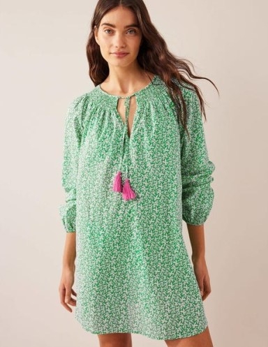 Boden Smocked Neck Beach Kaftan in Bright Green, Abstract Foliage / long sleeve kaftans / floral pool cover up / womens beachwear clothing / cotton poolside cover-ups