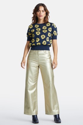 gorman Solace Metallic Pants in Gold / shiny coated wide leg jeans / women’s sustainable cotton clothes / denim fashion - flipped
