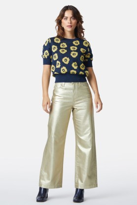 gorman Solace Metallic Pants in Gold / shiny coated wide leg jeans / women’s sustainable cotton clothes / denim fashion